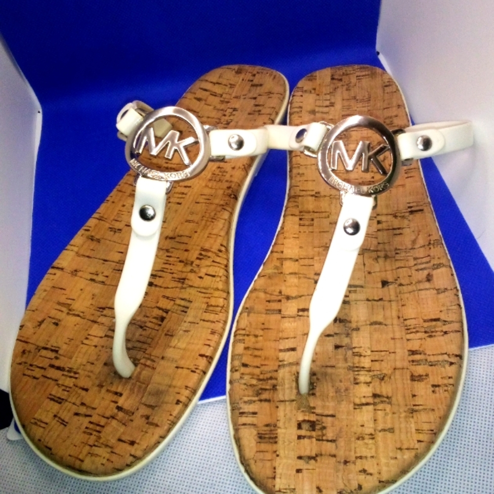Michael Kors Women's Size 9 WHITE CORK FLIP FLOP SANDALS GOLD MK Logo